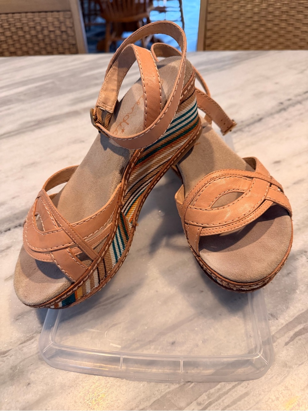 Women's Tan Strappy Striped Wedge Sandals